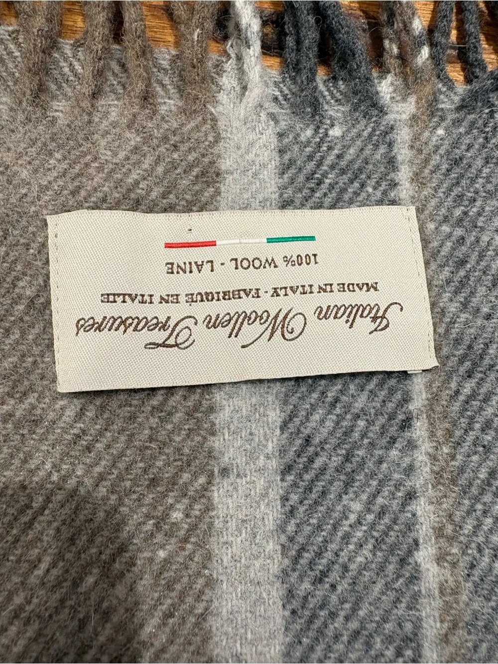 Italian Wool Plaid Fringe  Scarf in Gray, Red & Cream
